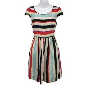 Maeve Multi Stripe Fi & Flare Mini Dress 8 Short Sleeve Scoop Neck Multicolor